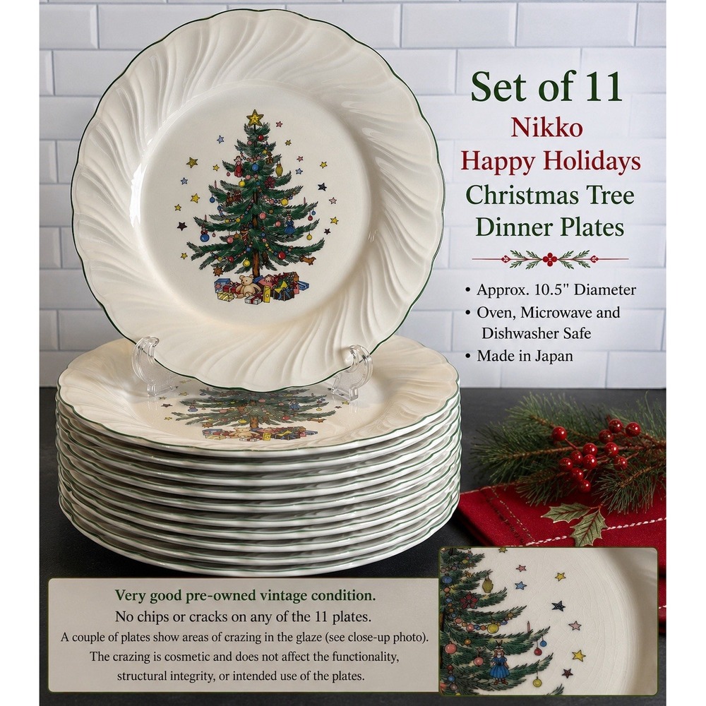 Nikko Happy Holidays Christmas Tree Dinner Plates Set of 11 Japan 10.5"